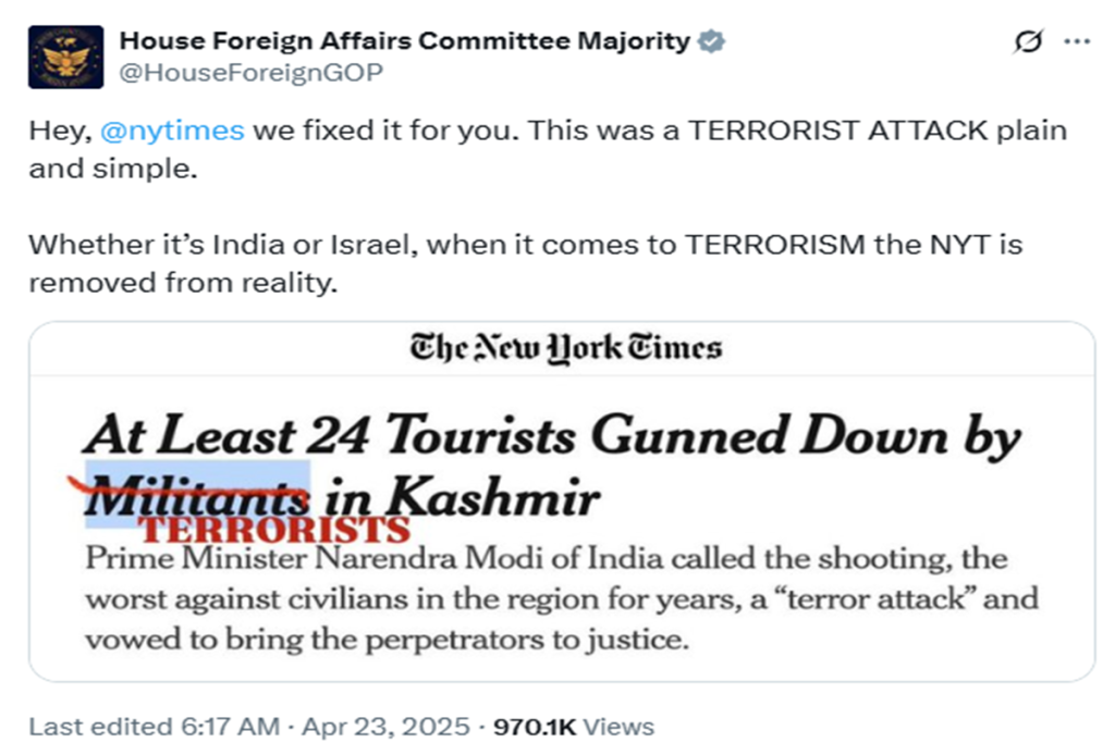 NYT की पहलगाम रिपोर्टिंग पर अमेरिकी संसद का फूटा गुस्सा, ‘चरमपंथी नहीं, आतंकवादी’ कहने की दी नसीहत!