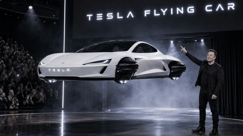 एलन मस्क का बड़ा धमाका! हवा में उड़ती दिखी Tesla की नई कार